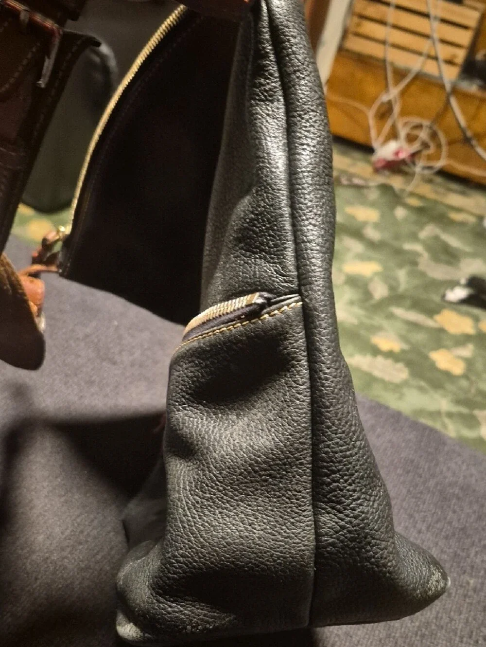 Dooney & Bourke Black Pebbled Leather Messenger with Brown Strap